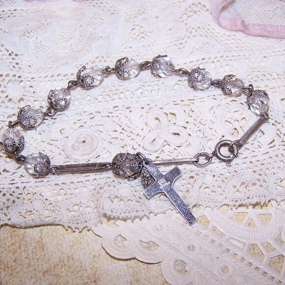 Sterling Silver Crystal Prayer Bracelet with 2 Charms - Enamel Mary and Crucifix - Picture 3 of 5